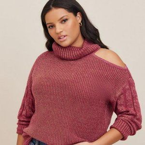 Metallic Cable Pullover Cold Shoulder Sweater